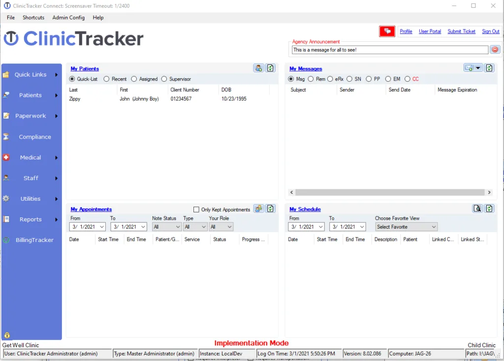 Screenshot for the main interface of ClinicTracker substance abuse EMR software