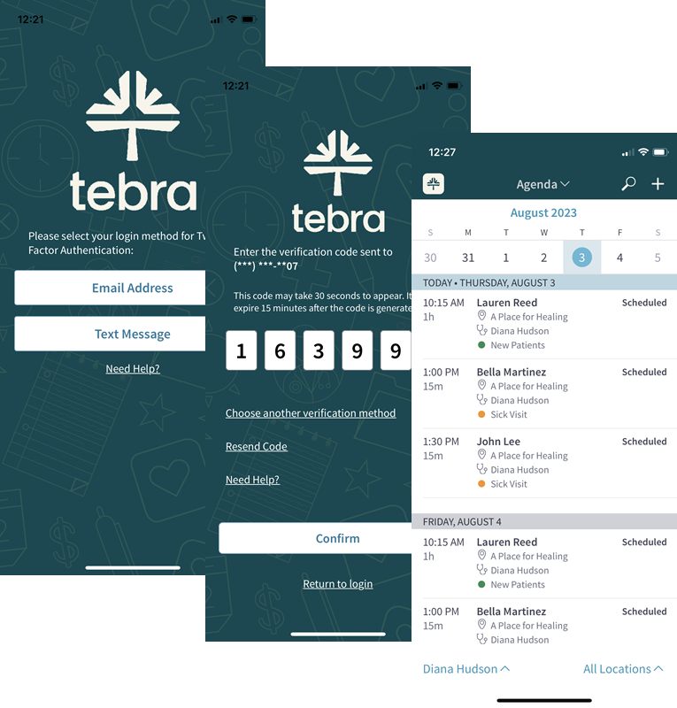 Tebra software showing the app features