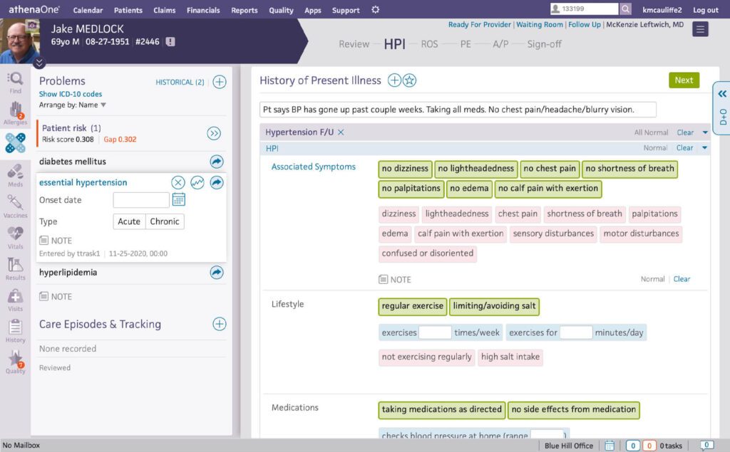 athenaOne EHR review, showing patient's history of illnesses