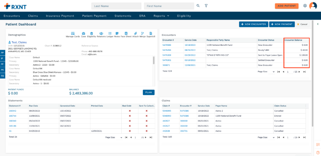 RXNT software review - Screenshot of the patient's billing dashboard of the tool