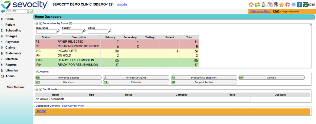 Review of Sevocity EHR's dashboard showing all features including patient scheduling, patient summary, and patient reports